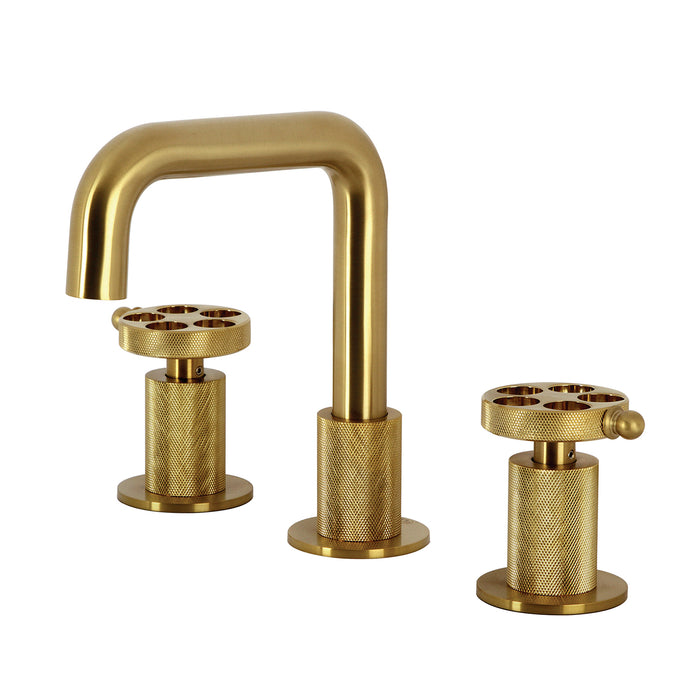 Wendell KS1417RKZ Two-Handle 3-Hole Deck Mount Widespread Bathroom Faucet with Knurled Handle and Push Pop-Up Drain, Brushed Brass
