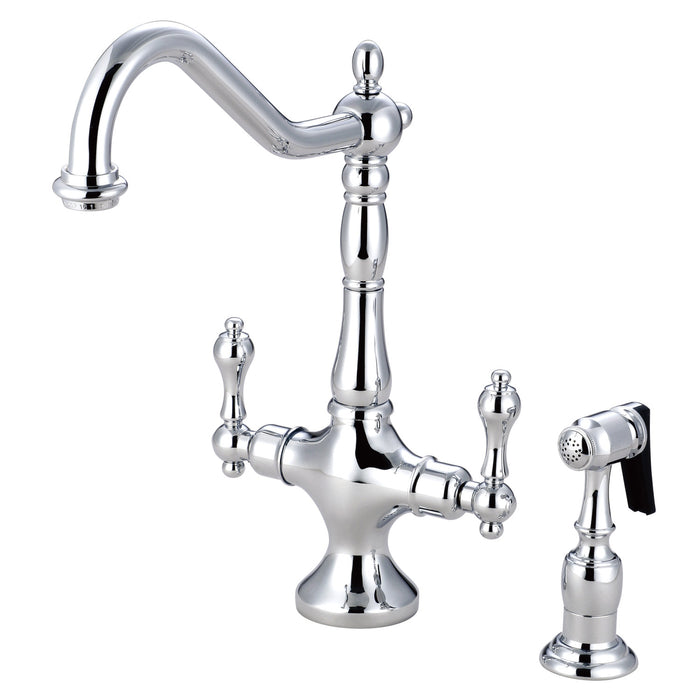Heritage KS1771ALBS Two-Handle 2-Hole Deck Mount Kitchen Faucet with Brass Sprayer, Polished Chrome