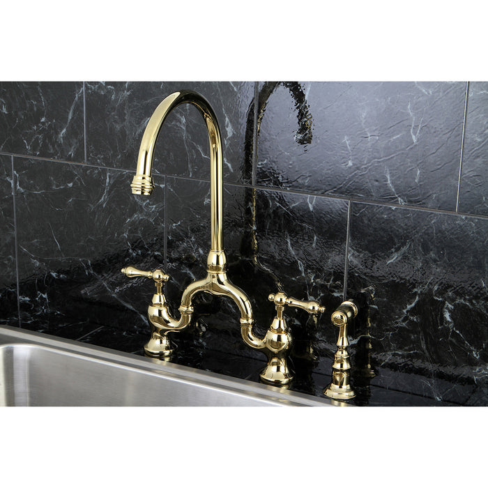 English Country KS7792ALBS Two-Handle 3-Hole Deck Mount Bridge Kitchen Faucet with Brass Sprayer, Polished Brass