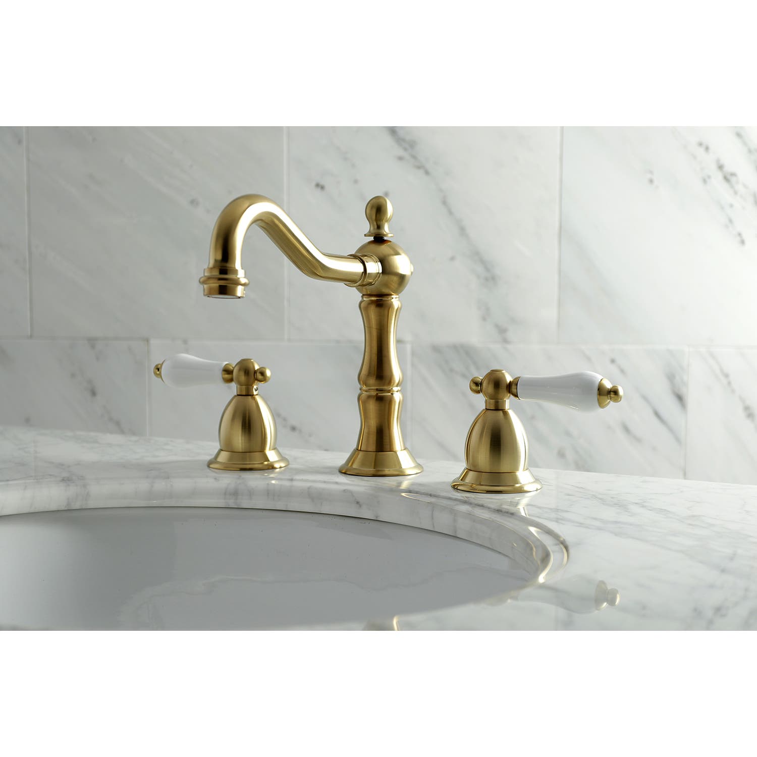 Satin Brass is the New Black with the Heritage Widespread Lavatory Satin Brass Faucet, KS1977PL