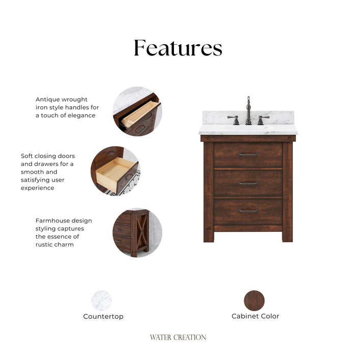 Kingston Aberdeen AB30CW03RS - 30 in. x 22 in. Bathroom Vanity Marble Top and White Basin, Rustic Sierra