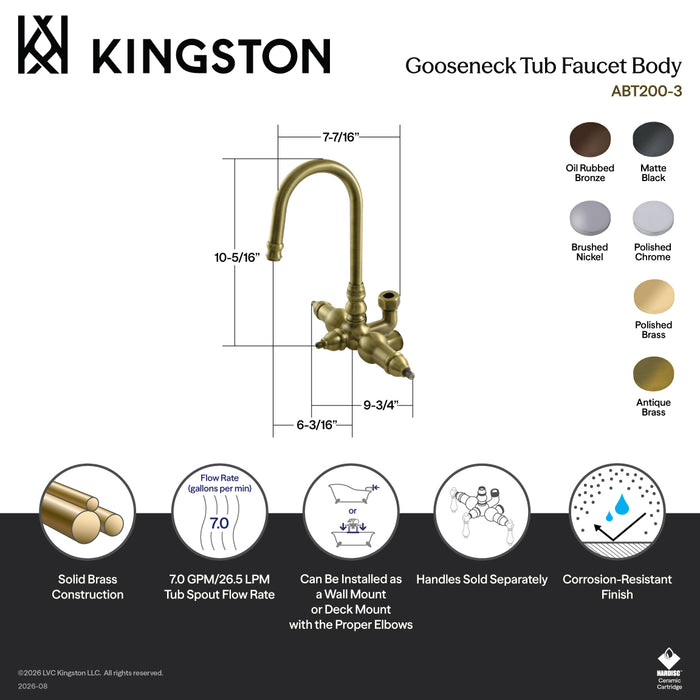Kingston Heirloom ABT200-0 - Vintage Gooseneck Tub Faucet Body, Matte Black