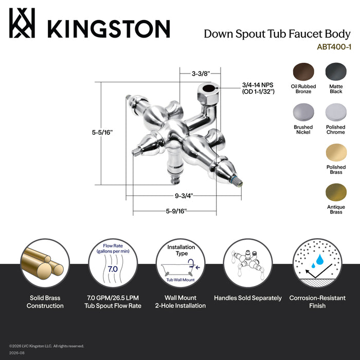 Kingston Heirloom ABT400-0 - Vintage Down Spout Tub Faucet Body, Matte Black