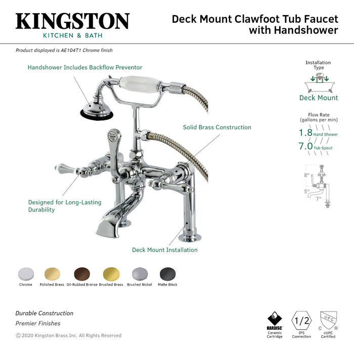 Kingston Heirloom AE103T0 - Aqua Vintage Three-Handle 2-Hole Deck-Mount Clawfoot Tub Faucet with Hand Shower, Matte Black