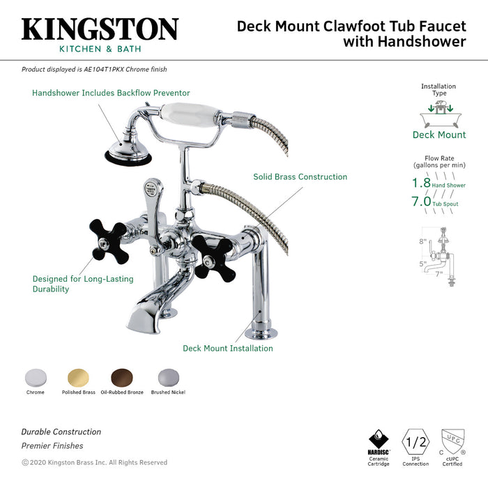 Kingston Heirloom AE103T2PKX - Duchess Three-Handle 2-Hole Deck-Mount Clawfoot Tub Faucet with Hand Shower, Polished Brass