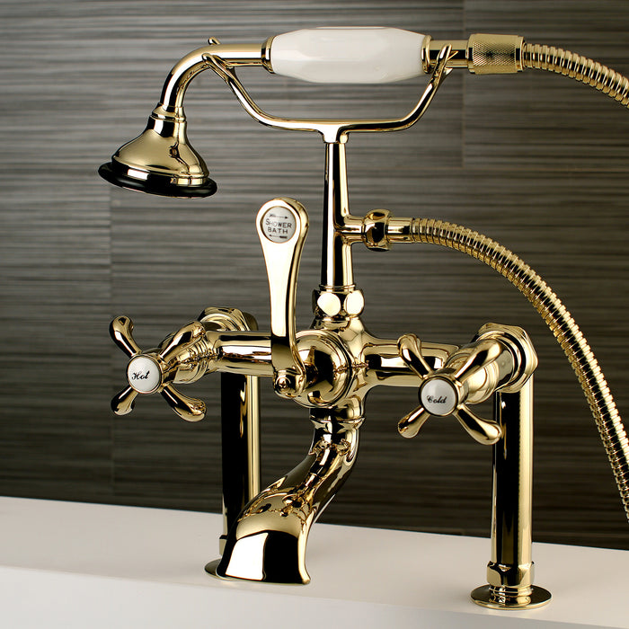 Kingston Heirloom AE103T2TX - French Country Three-Handle 2-Hole Deck-Mount Clawfoot Tub Faucet with Hand Shower, Polished Brass