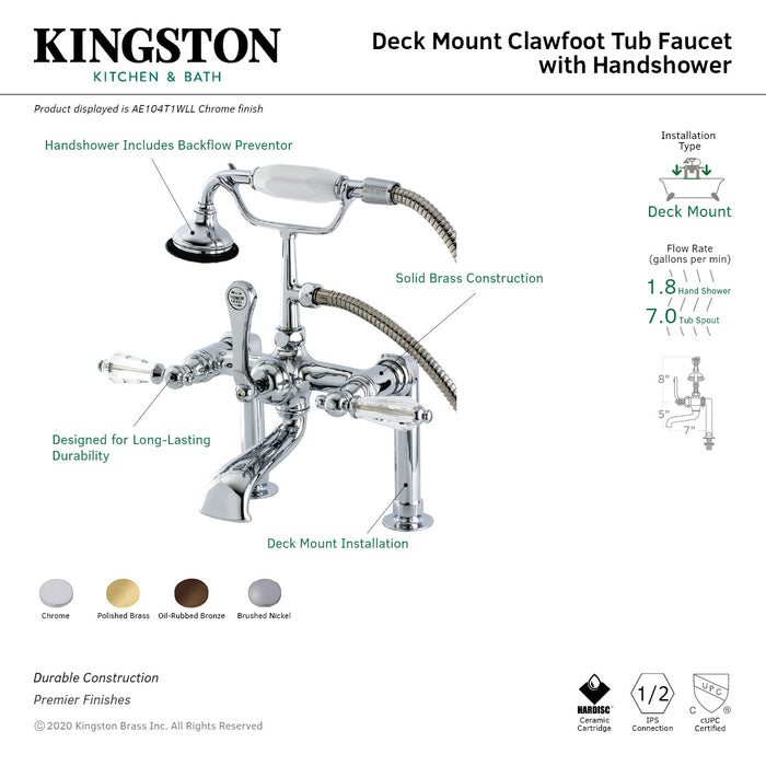 Kingston Heirloom AE103T2WLL - Wilshire Three-Handle 2-Hole Deck-Mount Clawfoot Tub Faucet with Hand Shower, Polished Brass