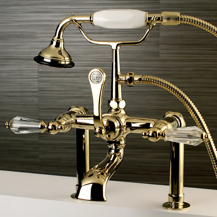 Kingston Heirloom AE103T2WLL - Wilshire Three-Handle 2-Hole Deck-Mount Clawfoot Tub Faucet with Hand Shower, Polished Brass