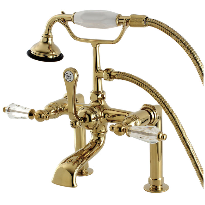 Kingston Heirloom AE103T2WLL - Wilshire Three-Handle 2-Hole Deck-Mount Clawfoot Tub Faucet with Hand Shower, Polished Brass