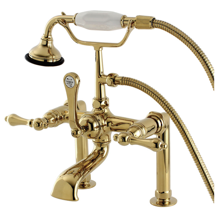 Kingston Heirloom AE103T2 - Aqua Vintage Three-Handle 2-Hole Deck-Mount Clawfoot Tub Faucet with Hand Shower, Polished Brass