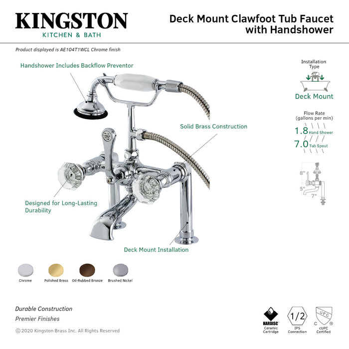 Kingston Heirloom AE103T5WCL - Celebrity Three-Handle 2-Hole Deck-Mount Clawfoot Tub Faucet with Hand Shower, Oil Rubbed Bronze