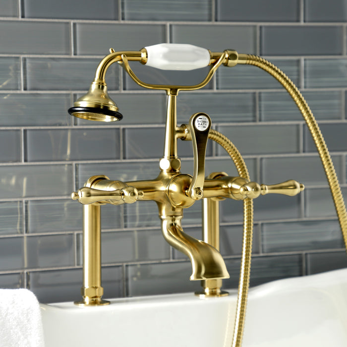 Kingston Heirloom AE103T7 - Aqua Vintage Three-Handle 2-Hole Deck-Mount Clawfoot Tub Faucet with Hand Shower, Brushed Brass