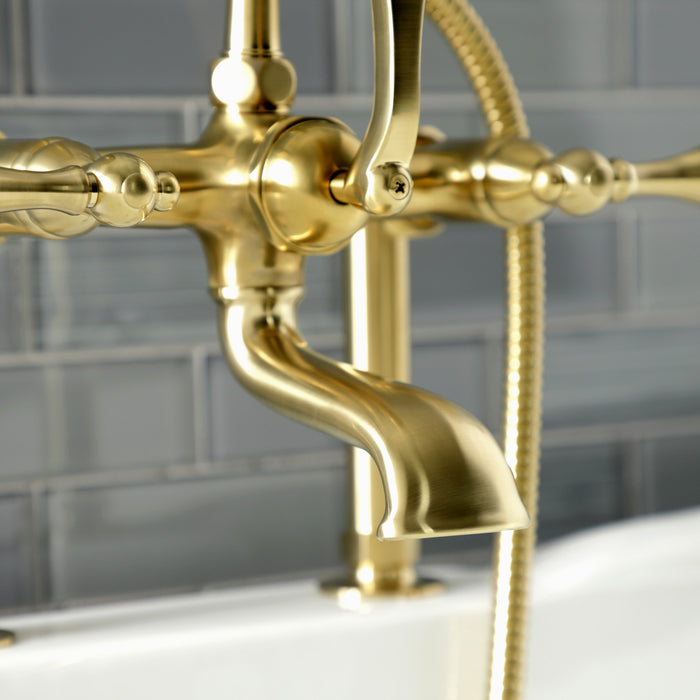 Kingston Heirloom AE103T7 - Aqua Vintage Three-Handle 2-Hole Deck-Mount Clawfoot Tub Faucet with Hand Shower, Brushed Brass