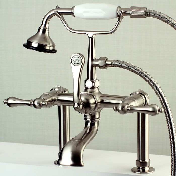 Kingston Heirloom AE103T8 - Aqua Vintage Three-Handle 2-Hole Deck-Mount Clawfoot Tub Faucet with Hand Shower, Brushed Nickel