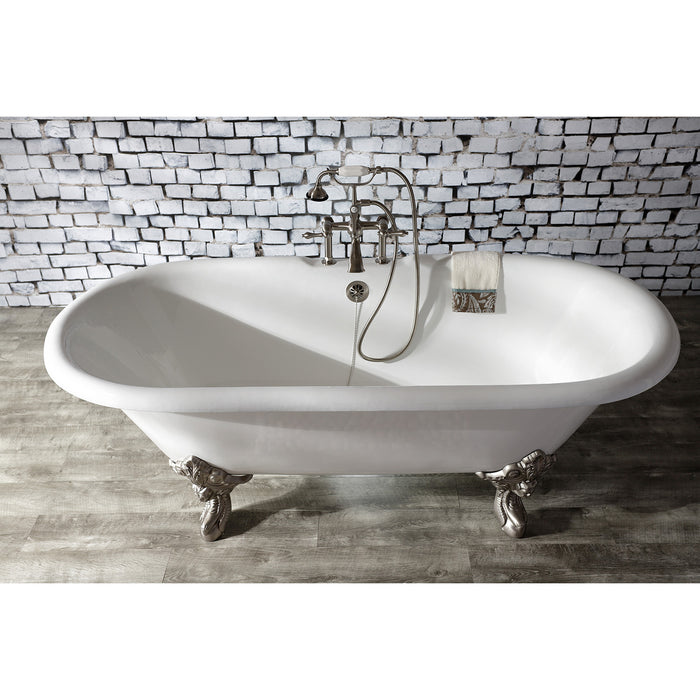 Kingston Heirloom AE103T8 - Aqua Vintage Three-Handle 2-Hole Deck-Mount Clawfoot Tub Faucet with Hand Shower, Brushed Nickel