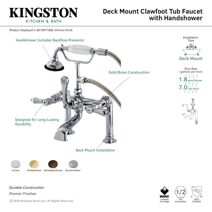 Kingston Heirloom AE103T8BAL - Heirloom Three-Handle 2-Hole Deck-Mount Clawfoot Tub Faucet with Hand Shower, Brushed Nickel