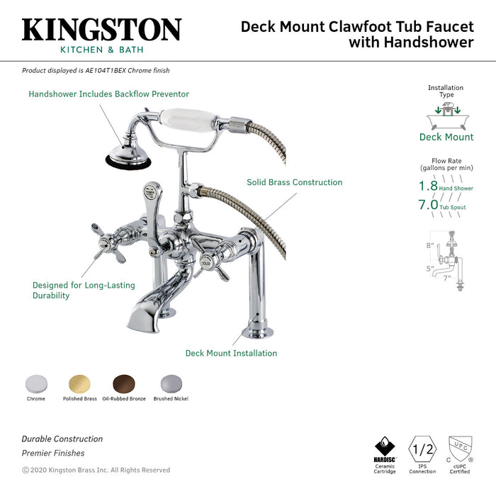 Kingston Heirloom AE103T8BEX - Essex Three-Handle 2-Hole Deck-Mount Clawfoot Tub Faucet with Hand Shower, Brushed Nickel