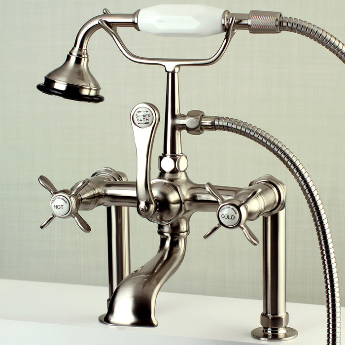 Kingston Heirloom AE103T8BEX - Essex Three-Handle 2-Hole Deck-Mount Clawfoot Tub Faucet with Hand Shower, Brushed Nickel