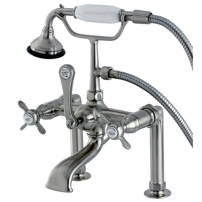Kingston Heirloom AE103T8BEX - Essex Three-Handle 2-Hole Deck-Mount Clawfoot Tub Faucet with Hand Shower, Brushed Nickel