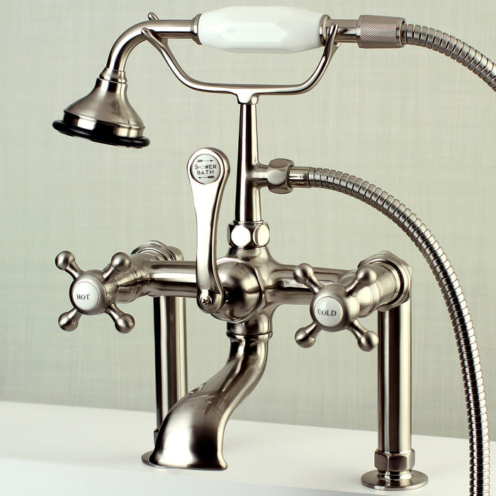 Kingston Heirloom AE103T8BX - English Country Three-Handle 2-Hole Deck-Mount Clawfoot Tub Faucet with Hand Shower, Brushed Nickel