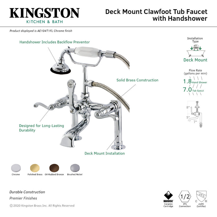 Kingston Heirloom AE103T8FL - Royale Three-Handle 2-Hole Deck-Mount Clawfoot Tub Faucet with Hand Shower, Brushed Nickel