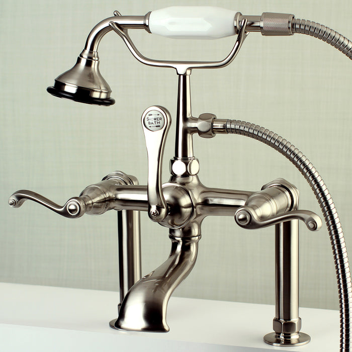 Kingston Heirloom AE103T8FL - Royale Three-Handle 2-Hole Deck-Mount Clawfoot Tub Faucet with Hand Shower, Brushed Nickel