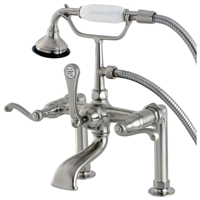 Kingston Heirloom AE103T8FL - Royale Three-Handle 2-Hole Deck-Mount Clawfoot Tub Faucet with Hand Shower, Brushed Nickel