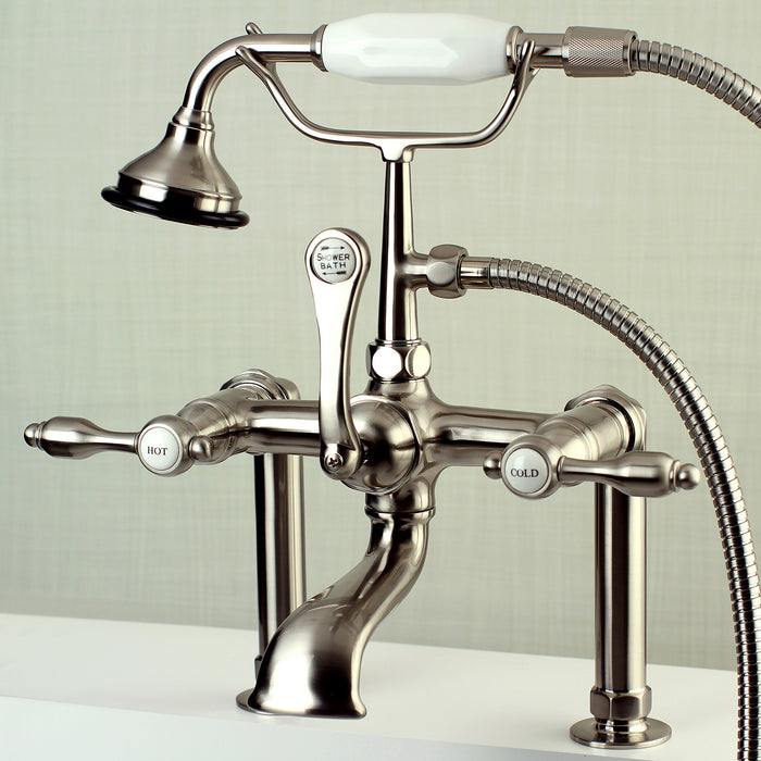 Kingston Heirloom AE103T8TAL - Tudor Three-Handle 2-Hole Deck-Mount Clawfoot Tub Faucet with Hand Shower, Brushed Nickel