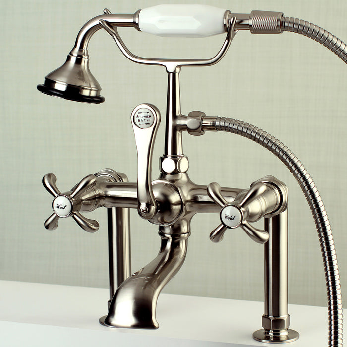 Kingston Heirloom AE103T8TX - French Country Three-Handle 2-Hole Deck-Mount Clawfoot Tub Faucet with Hand Shower, Brushed Nickel