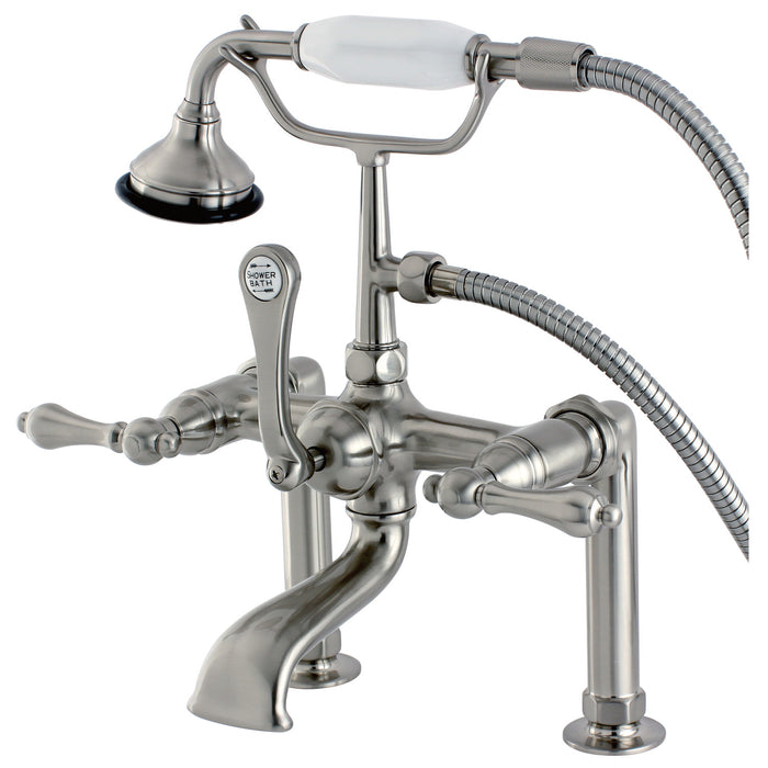 Kingston Heirloom AE103T8 - Aqua Vintage Three-Handle 2-Hole Deck-Mount Clawfoot Tub Faucet with Hand Shower, Brushed Nickel