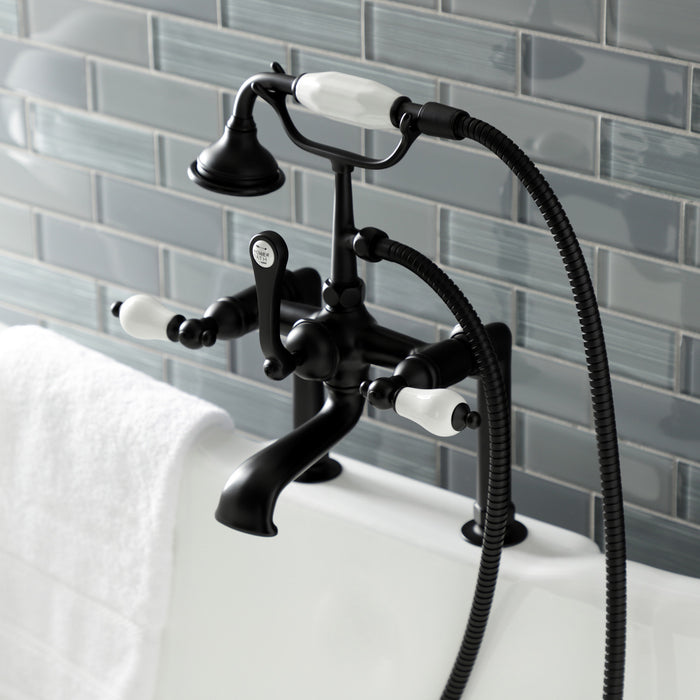 Kingston Heirloom AE105T0 - Aqua Vintage Three-Handle 2-Hole Deck-Mount Clawfoot Tub Faucet with Hand Shower, Matte Black