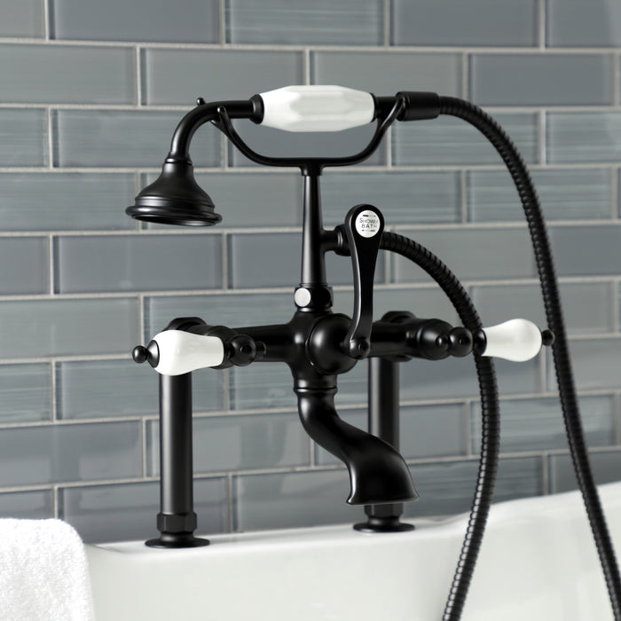 Kingston Heirloom AE105T0 - Aqua Vintage Three-Handle 2-Hole Deck-Mount Clawfoot Tub Faucet with Hand Shower, Matte Black