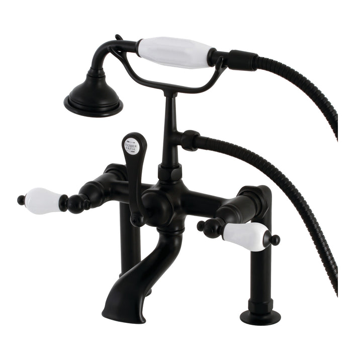 Kingston Heirloom AE105T0 - Aqua Vintage Three-Handle 2-Hole Deck-Mount Clawfoot Tub Faucet with Hand Shower, Matte Black