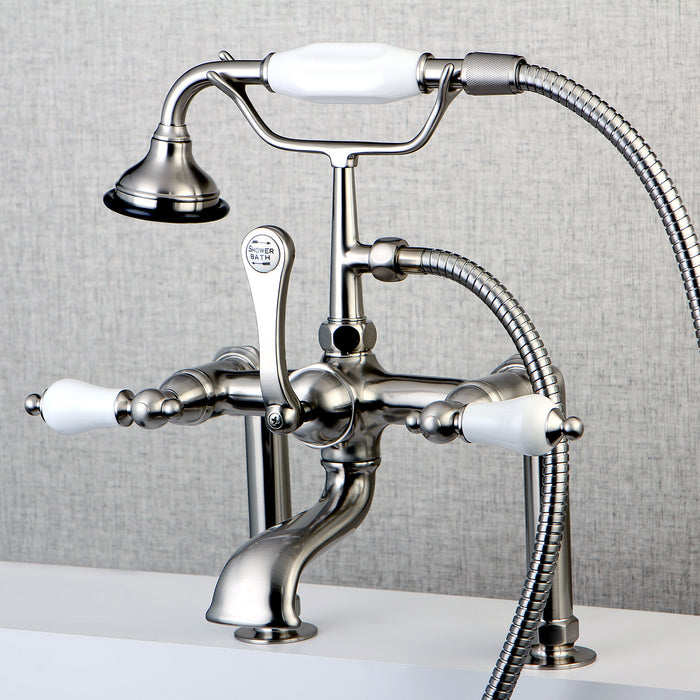 Kingston Heirloom AE105T8 - Aqua Vintage Three-Handle 2-Hole Deck-Mount Clawfoot Tub Faucet with Hand Shower, Brushed Nickel