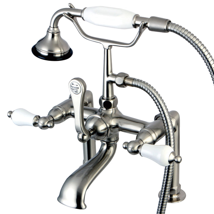 Kingston Heirloom AE105T8 - Aqua Vintage Three-Handle 2-Hole Deck-Mount Clawfoot Tub Faucet with Hand Shower, Brushed Nickel
