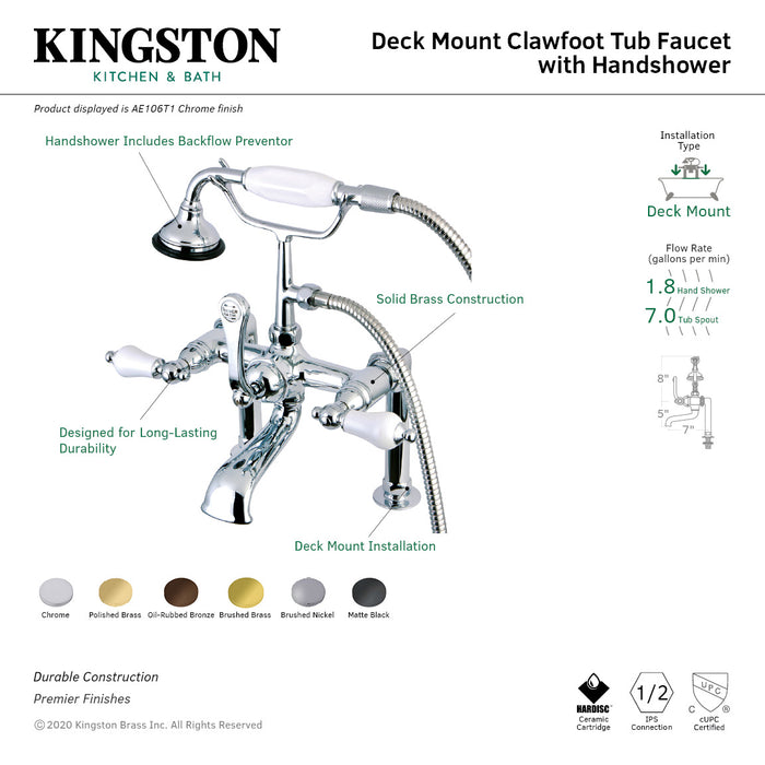 Kingston Heirloom AE106T1 - Aqua Vintage Three-Handle 2-Hole Deck-Mount Clawfoot Tub Faucet with Hand Shower, Polished Chrome