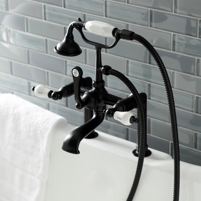 Kingston Heirloom AE107T0 - Aqua Vintage Three-Handle 2-Hole Deck-Mount Clawfoot Tub Faucet with Hand Shower, Matte Black