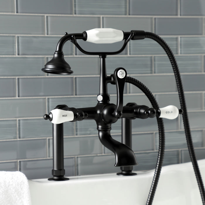 Kingston Heirloom AE107T0 - Aqua Vintage Three-Handle 2-Hole Deck-Mount Clawfoot Tub Faucet with Hand Shower, Matte Black