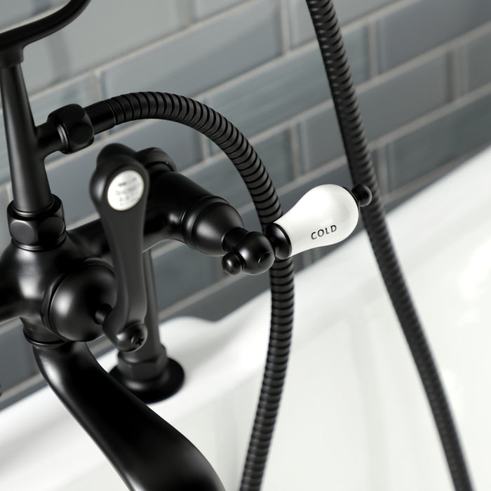 Kingston Heirloom AE107T0 - Aqua Vintage Three-Handle 2-Hole Deck-Mount Clawfoot Tub Faucet with Hand Shower, Matte Black