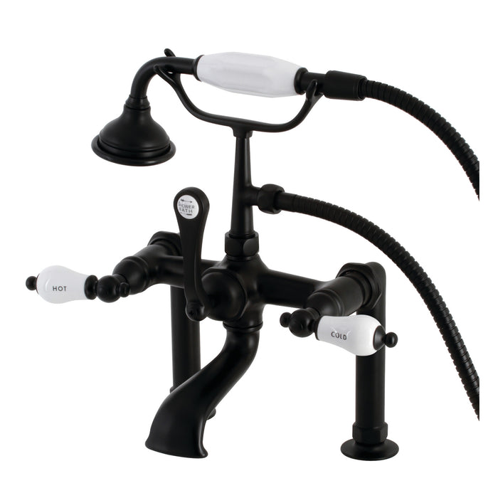 Kingston Heirloom AE107T0 - Aqua Vintage Three-Handle 2-Hole Deck-Mount Clawfoot Tub Faucet with Hand Shower, Matte Black