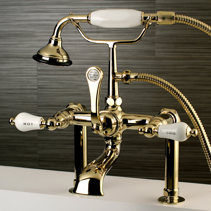 Kingston Heirloom AE107T2 - Aqua Vintage Three-Handle 2-Hole Deck-Mount Clawfoot Tub Faucet with Hand Shower, Polished Brass