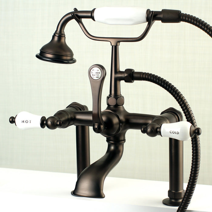 Kingston Heirloom AE107T5 - Aqua Vintage Three-Handle 2-Hole Deck-Mount Clawfoot Tub Faucet with Hand Shower, Oil Rubbed Bronze