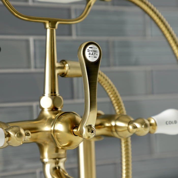 Kingston Heirloom AE107T7 - Aqua Vintage Three-Handle 2-Hole Deck-Mount Clawfoot Tub Faucet with Hand Shower, Brushed Brass