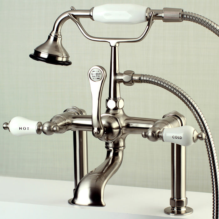 Kingston Heirloom AE107T8 - Aqua Vintage Three-Handle 2-Hole Deck-Mount Clawfoot Tub Faucet with Hand Shower, Brushed Nickel