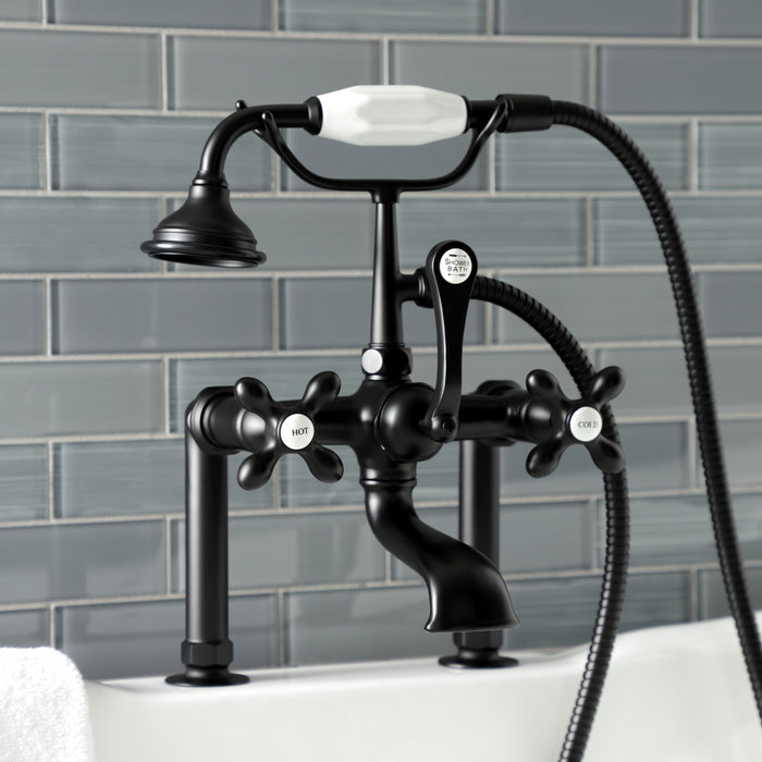 Kingston Heirloom AE109T0 - Aqua Vintage Three-Handle 2-Hole Deck-Mount Clawfoot Tub Faucet with Hand Shower, Matte Black