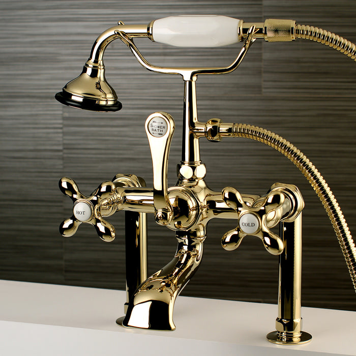 Kingston Heirloom AE109T2 - Aqua Vintage Three-Handle 2-Hole Deck-Mount Clawfoot Tub Faucet with Hand Shower, Polished Brass