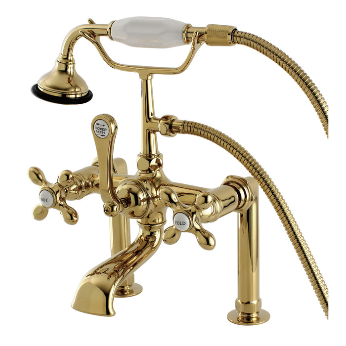 Kingston Heirloom AE109T2 - Aqua Vintage Three-Handle 2-Hole Deck-Mount Clawfoot Tub Faucet with Hand Shower, Polished Brass