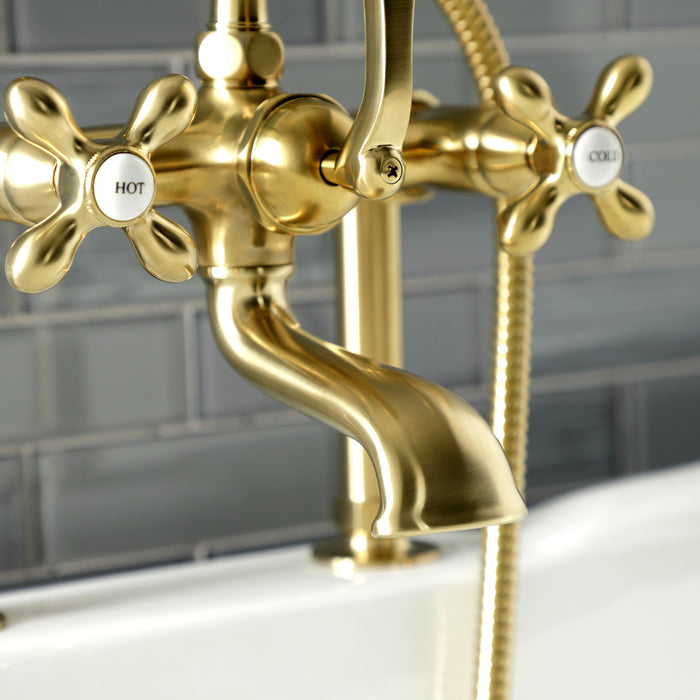 Kingston Heirloom AE109T7 - Aqua Vintage Three-Handle 2-Hole Deck-Mount Clawfoot Tub Faucet with Hand Shower, Brushed Brass