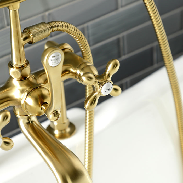 Kingston Heirloom AE109T7 - Aqua Vintage Three-Handle 2-Hole Deck-Mount Clawfoot Tub Faucet with Hand Shower, Brushed Brass