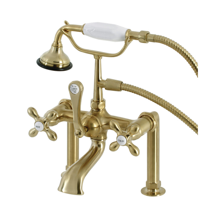 Kingston Heirloom AE109T7 - Aqua Vintage Three-Handle 2-Hole Deck-Mount Clawfoot Tub Faucet with Hand Shower, Brushed Brass